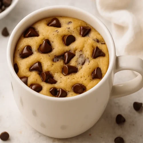 Chocolate chip cookie baked in a white mug, surrounded by scattered chocolate chips