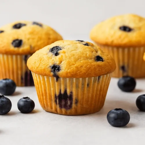 Golden easy blueberry muffins on a white surface with fresh blueberries scattered around