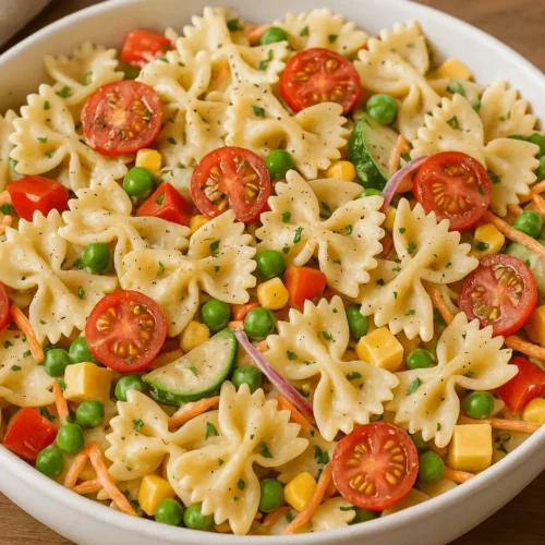 Bowl of creamy bow tie pasta salad with cherry tomatoes, peas, carrots, cucumbers, and cheddar cheese cubes.