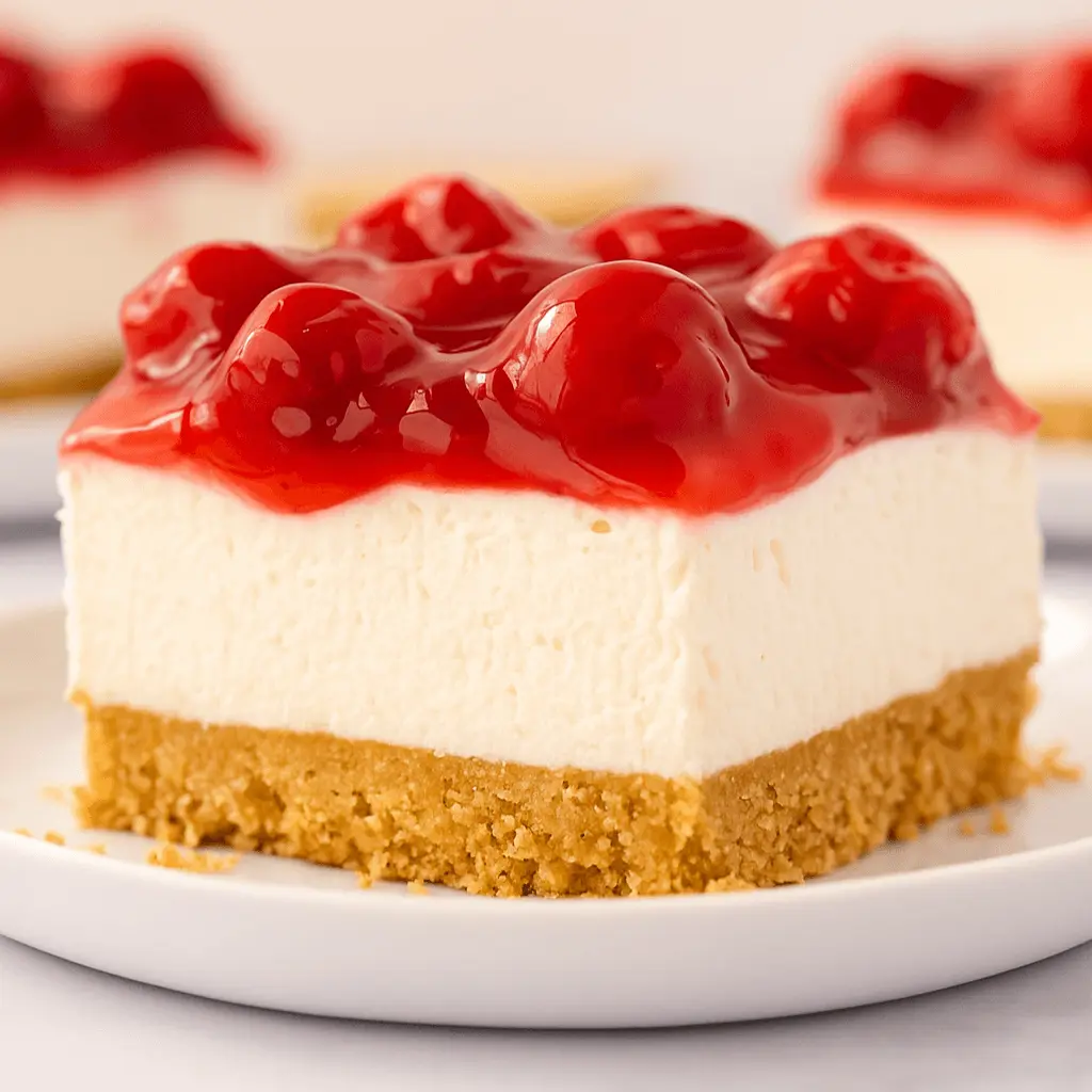 Close-up of a slice of cherry delight with creamy filling, cherry topping, and golden graham cracker crust on a white plate.