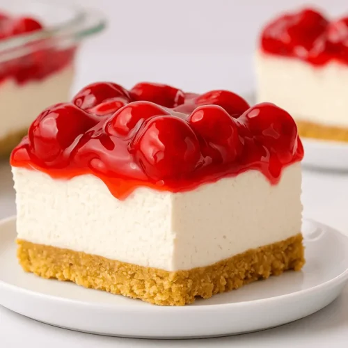 A slice of cherry delight dessert with layers of creamy filling, graham cracker crust, and glossy cherry topping.