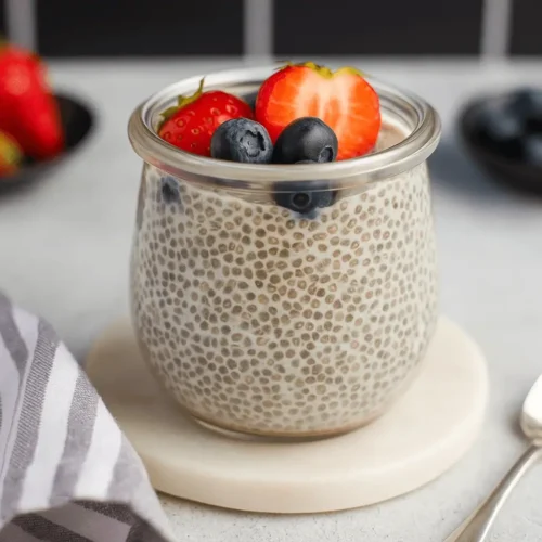 Chia seed pudding in a glass jar topped with fresh strawberries and blueberries, served with a spoon on a marble coaster.