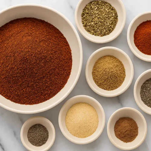 Small bowls filled with chili seasoning and its individual spices like paprika, oregano, cumin, black pepper, and garlic powder on a marble surface.