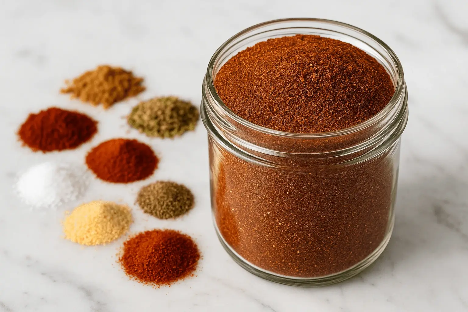 Glass jar filled with homemade chili seasoning blend, surrounded by individual spices on a white marble background