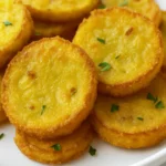 Close-up of crispy fried yellow squash rounds on a white plate, garnished with fresh parsley.