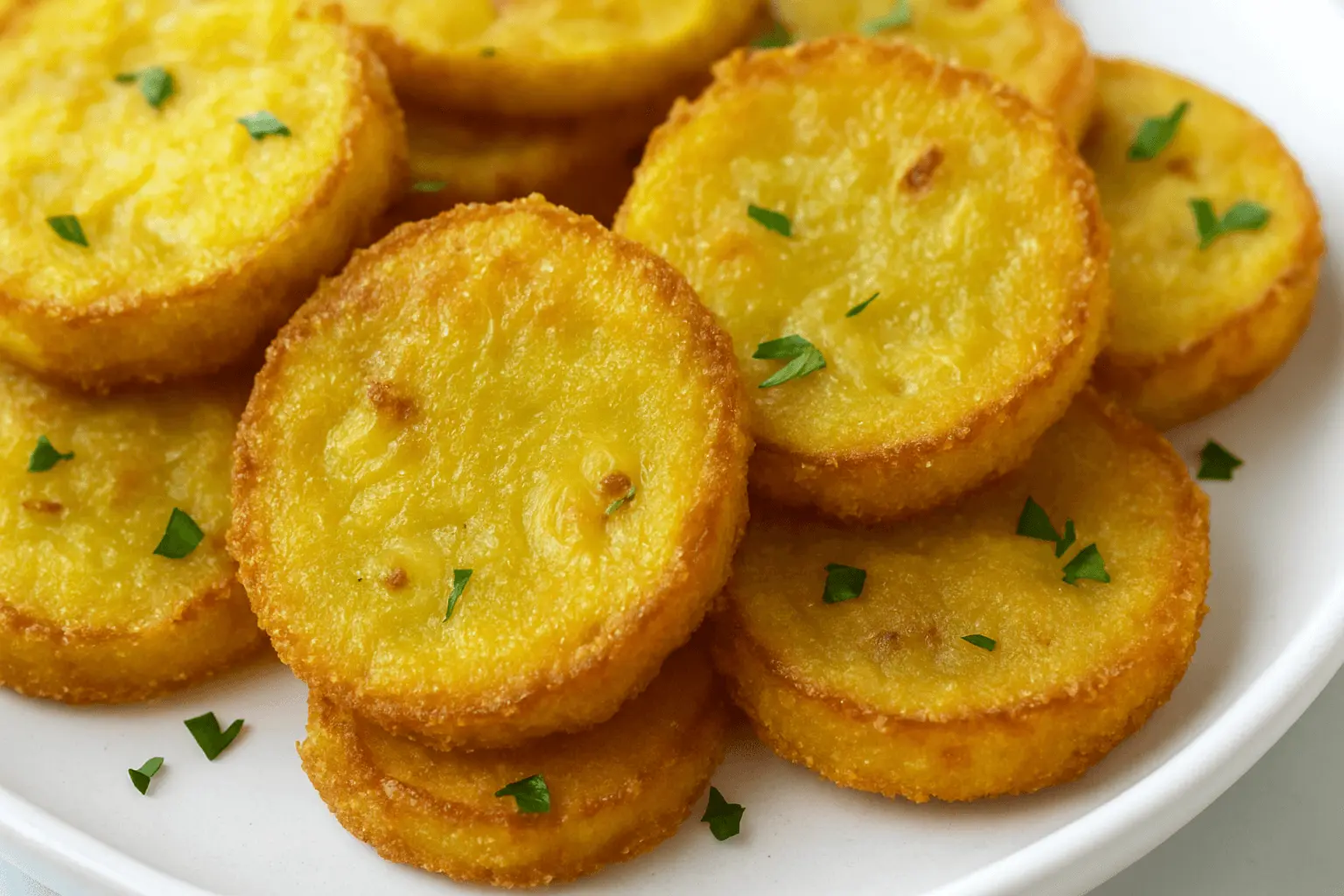Close-up of crispy fried yellow squash rounds on a white plate, garnished with fresh parsley.