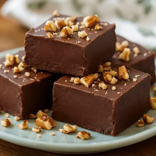 Four squares of rich chocolate fudge topped with chopped walnuts on a light blue plate