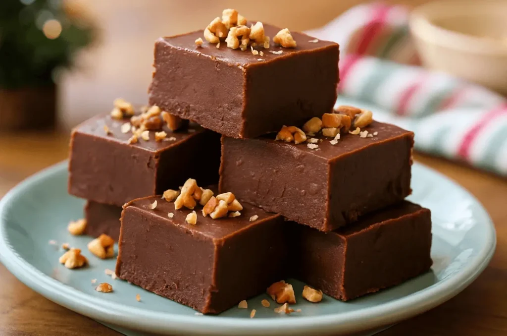 Stacked squares of homemade easy chocolate fudge topped with chopped nuts on a blue plate