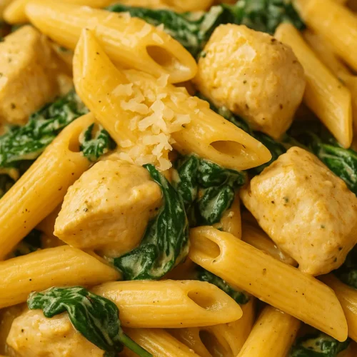 Creamy garlic parmesan chicken pasta with spinach and tender penne pasta in a rich garlic sauce