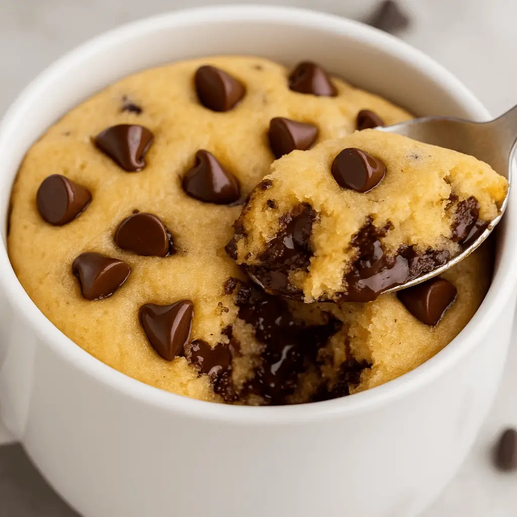 Spoonful of gooey chocolate chip cookie in a white mug, soft and freshly baked