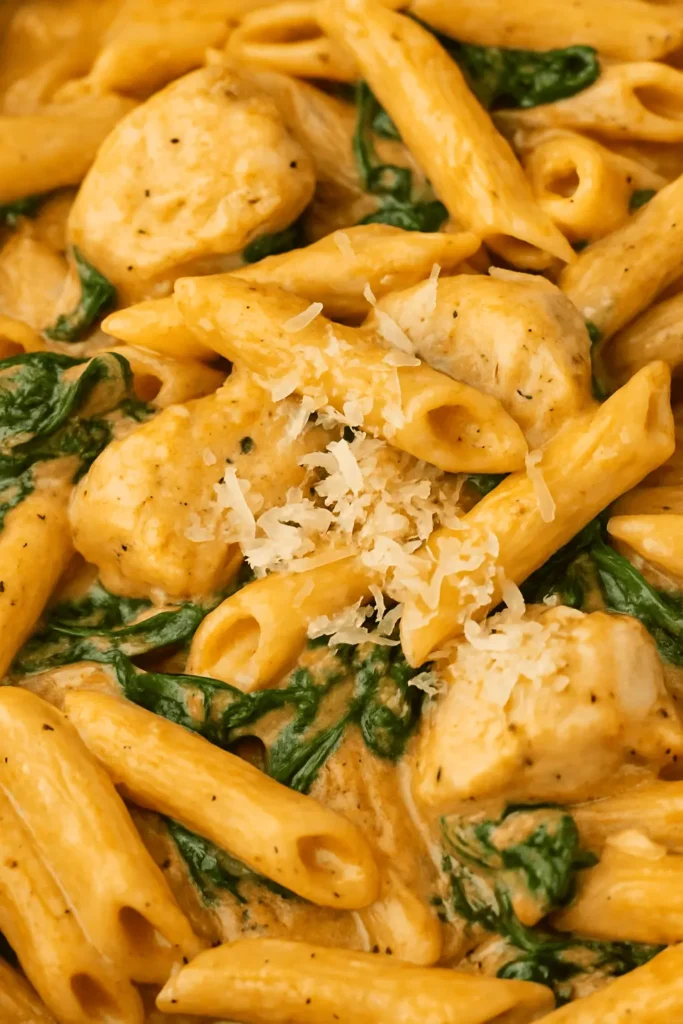 Creamy garlic parmesan chicken pasta with penne, spinach, and freshly grated parmesan in a rich garlic sauce