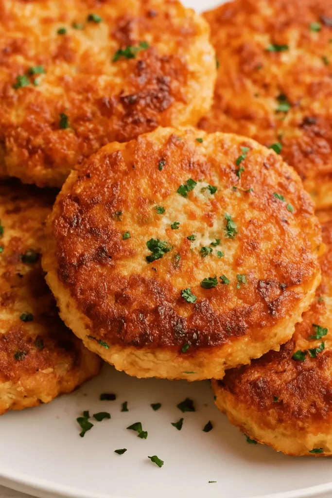 Golden-brown salmon cakes garnished with parsley, stacked on a white plate.