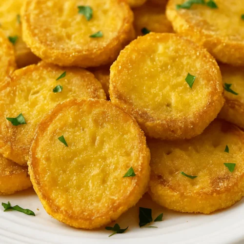 Golden crispy fried yellow squash slices garnished with fresh parsley on a white plate.