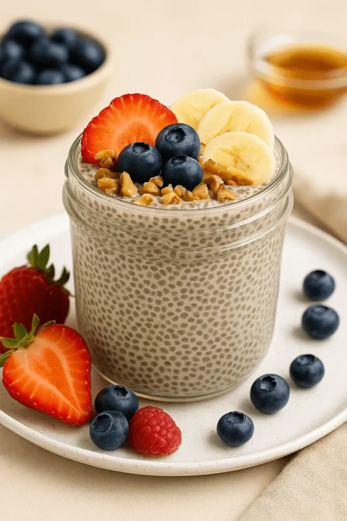 A glass jar of chia seed pudding topped with blueberries, banana slices, chopped walnuts, and a strawberry slice, served on a white plate with fresh berries around it.