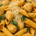 Creamy garlic parmesan chicken pasta with spinach and shredded Parmesan cheese served in a white bowl