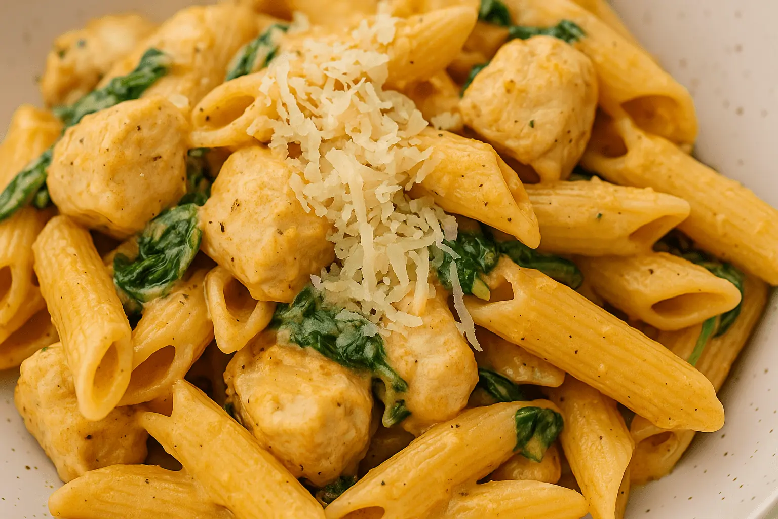 Creamy garlic parmesan chicken pasta with spinach and shredded Parmesan cheese served in a white bowl