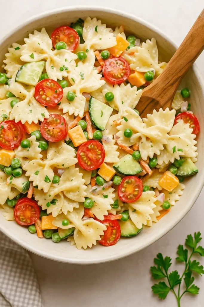 Overhead view of creamy bow tie pasta salad with cherry tomatoes, peas, cucumber, carrots, and cheddar cheese in a white bowl.