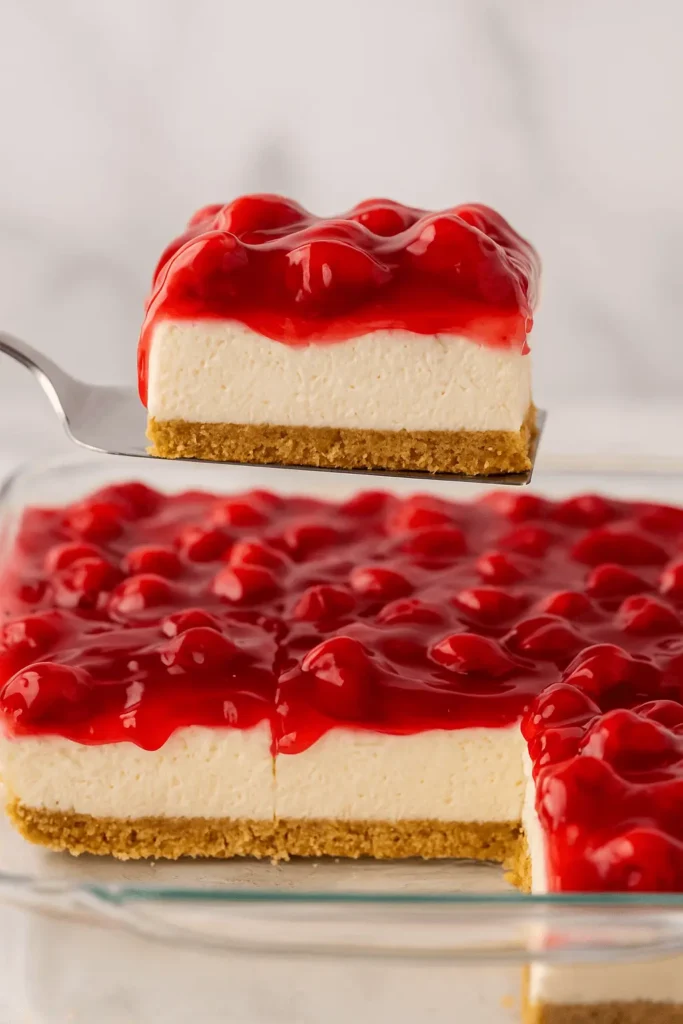 Lifting a slice of cherry delight with graham cracker crust and creamy filling from a glass baking dish.