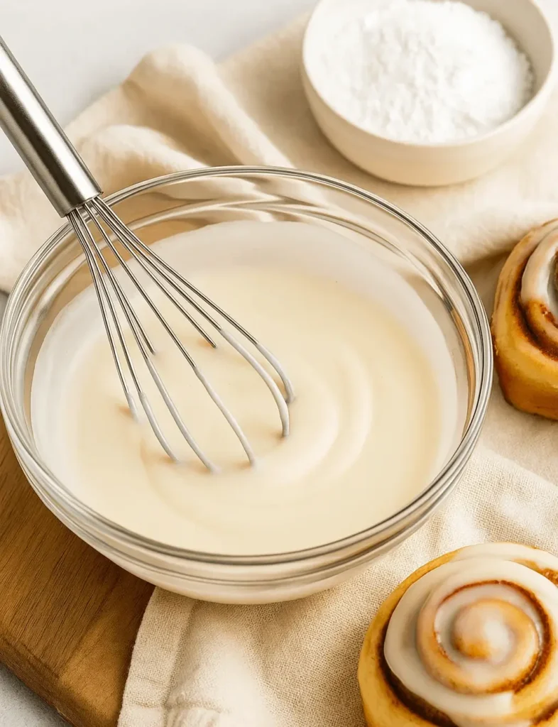 Glass bowl of creamy cinnamon roll icing with a whisk resting inside, surrounded by powdered sugar and frosted rolls.