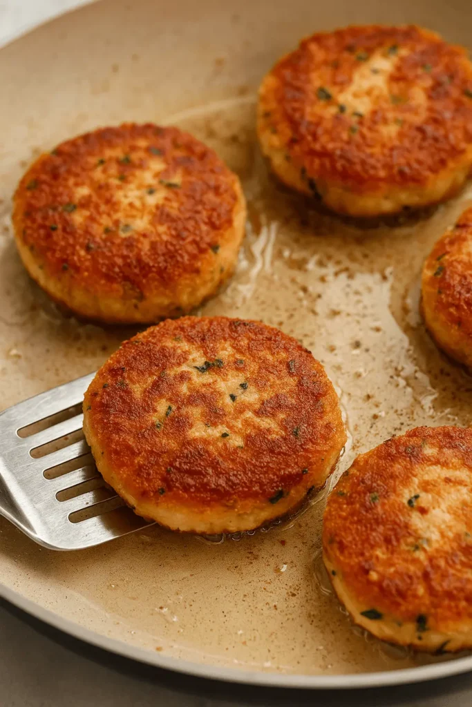Golden-brown salmon cakes cooking in a skillet with oil, one being flipped with a spatula.