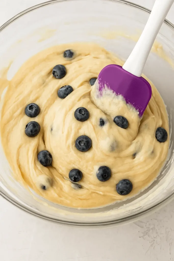 Blueberry muffin batter in a glass bowl with fresh blueberries and a purple spatula