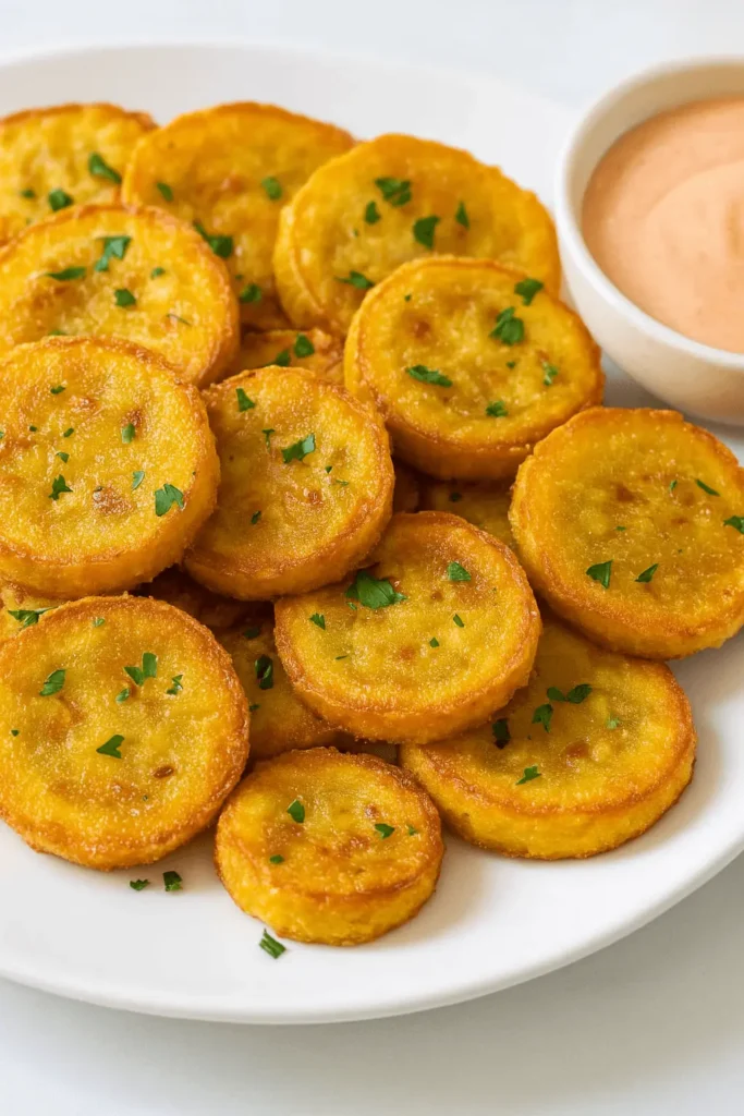 Crispy fried yellow squash slices on a white plate with dipping sauce, garnished with parsley.