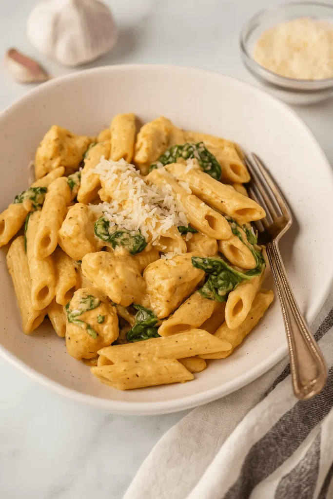 Bowl of garlic parmesan chicken pasta with spinach and shredded cheese, served with a fork
