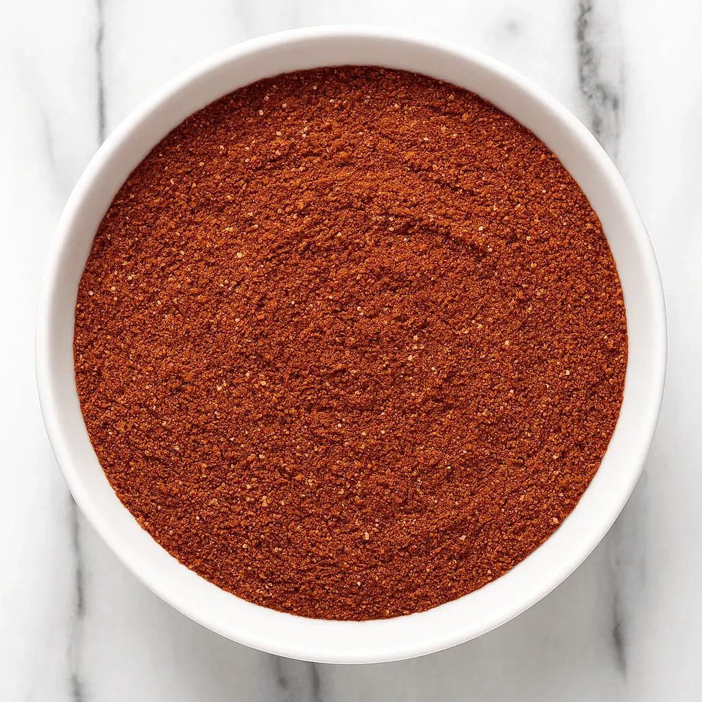 Homemade chili seasoning blend in a white bowl on a marble countertop