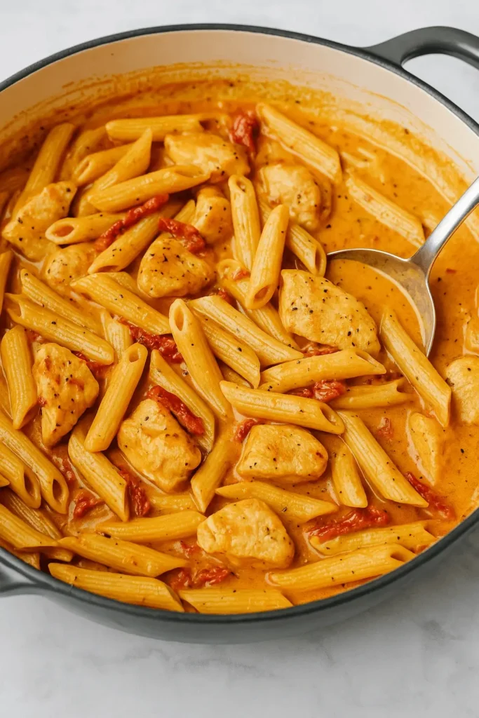 Creamy Marry Me Chicken Pasta simmering in a pot with penne, sun-dried tomatoes, and juicy chicken in a rich sauce