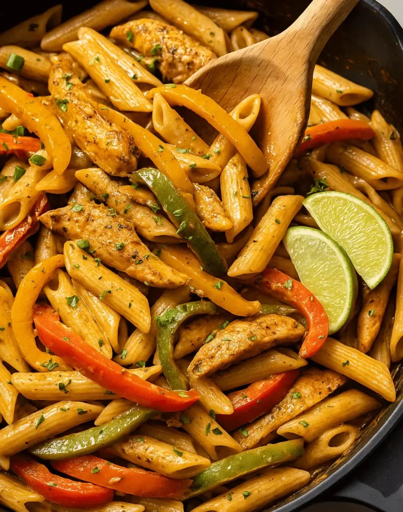 Close-up of creamy rasta pasta with bell peppers and jerk chicken being stirred in a skillet with lime wedges
