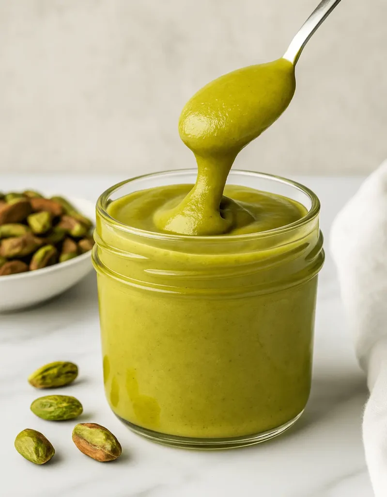 A spoonful of creamy homemade pistachio cream being lifted from a small glass jar with shelled pistachios on the side.