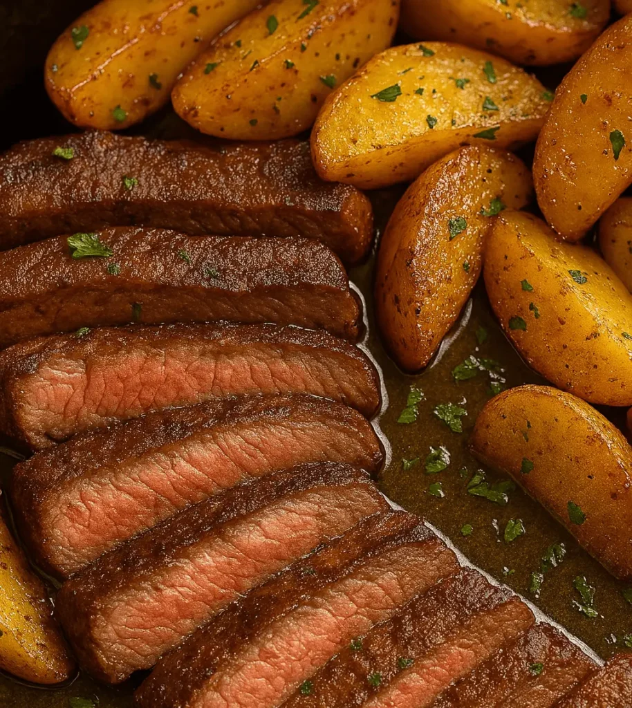 Close-up of juicy sliced steak and golden roasted potatoes in savory pan sauce.