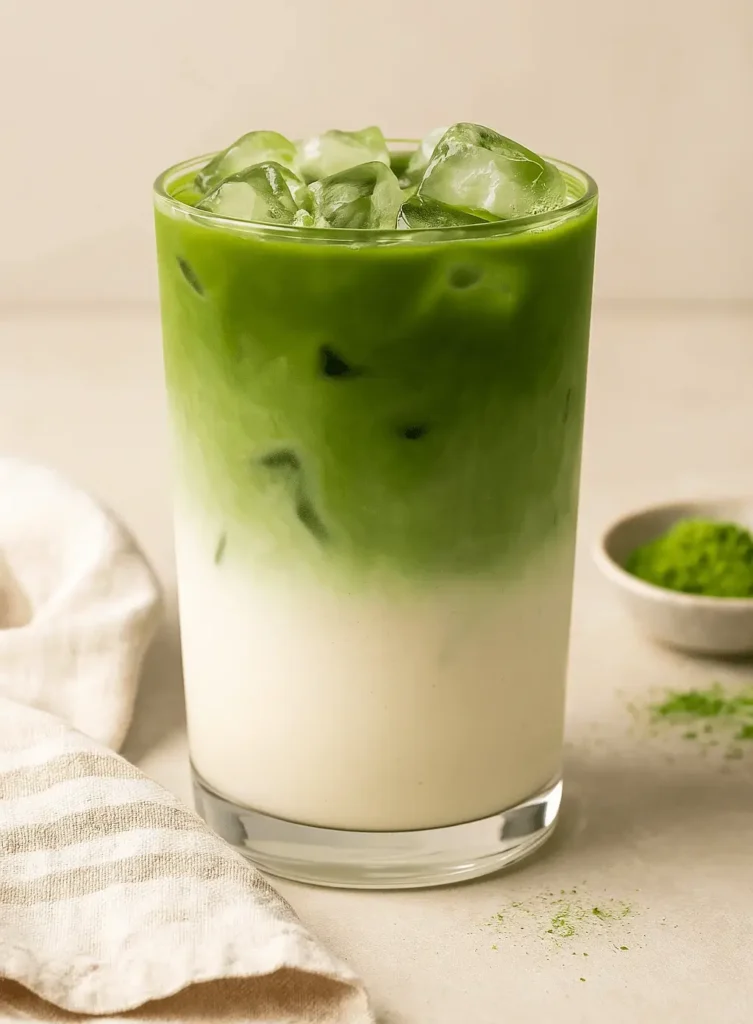 A tall glass of iced matcha latte with creamy white milk on the bottom and vibrant green tea layered on top, served over ice