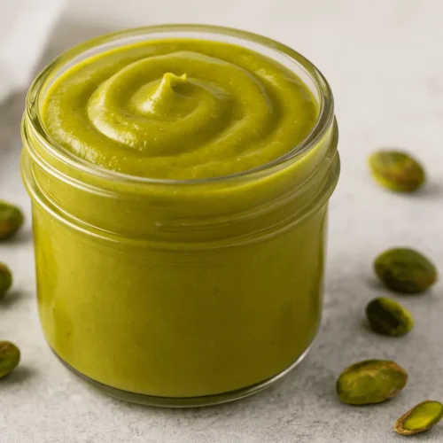 Smooth and creamy pistachio cream in a glass jar with scattered whole pistachios on a neutral background