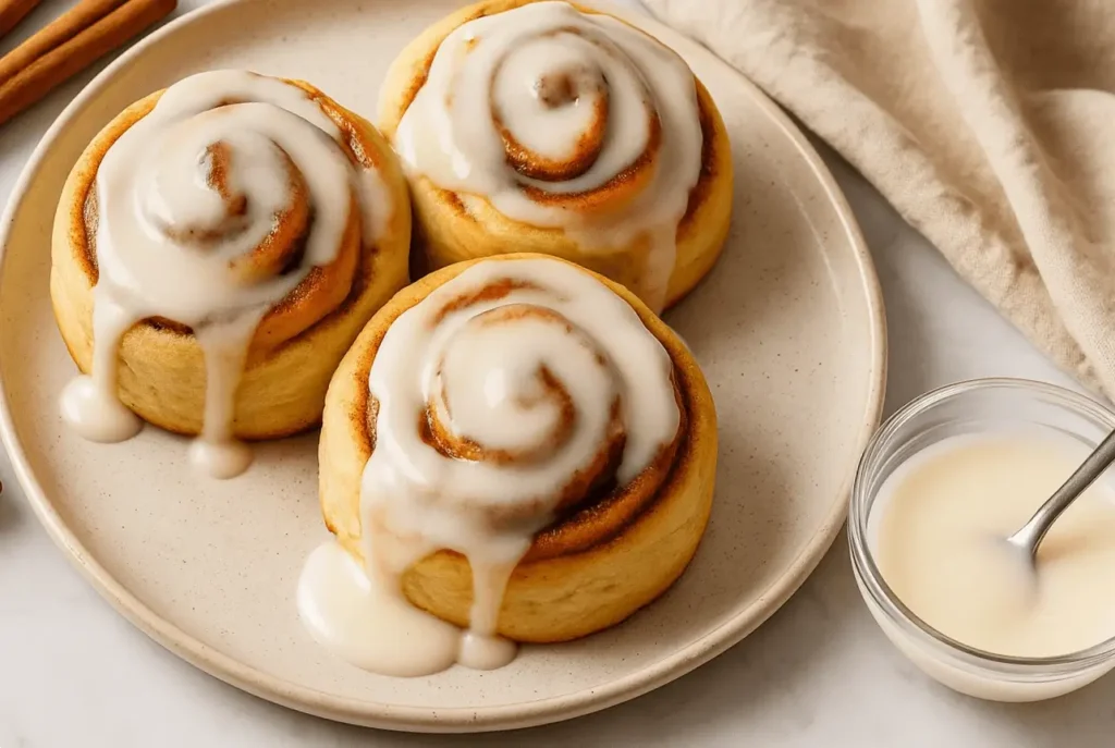 Freshly baked cinnamon rolls topped with creamy homemade icing made from cream cheese, butter, and vanilla