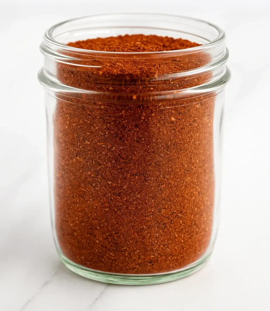 Glass jar filled with homemade chili seasoning blend on a white countertop