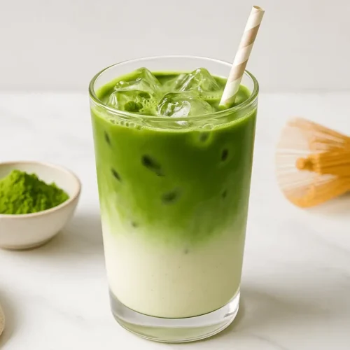 Tall glass of iced matcha latte with creamy milk and vibrant green tea layers, served with a paper straw and matcha powder in the background