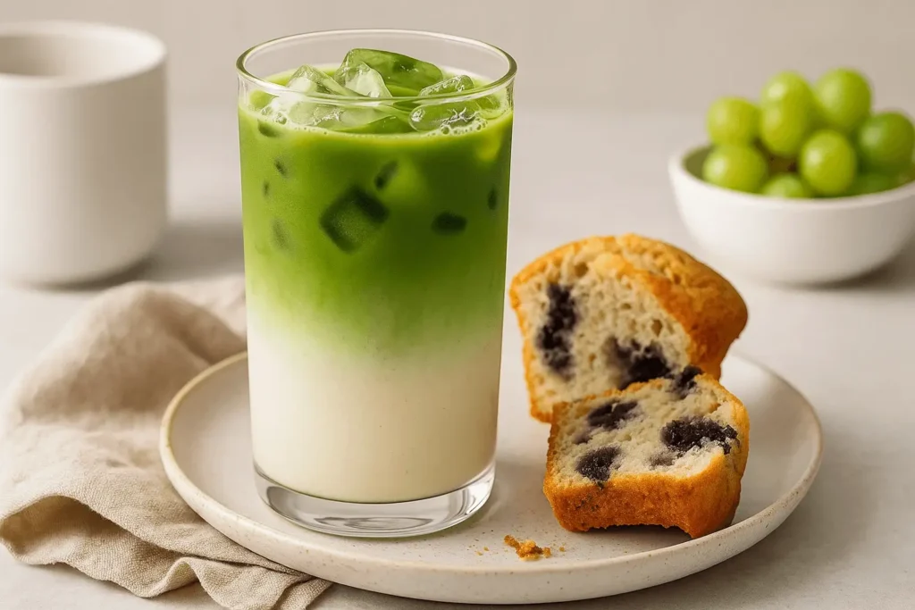 Iced matcha latte served with blueberry muffins and green grapes on a white plate
