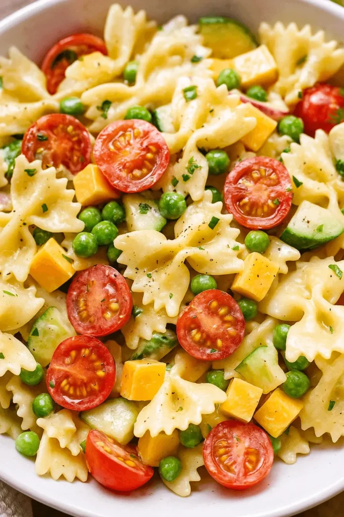 Close-up of bow tie pasta salad with cherry tomatoes, peas, cucumber, cheddar cheese, and creamy dressing.