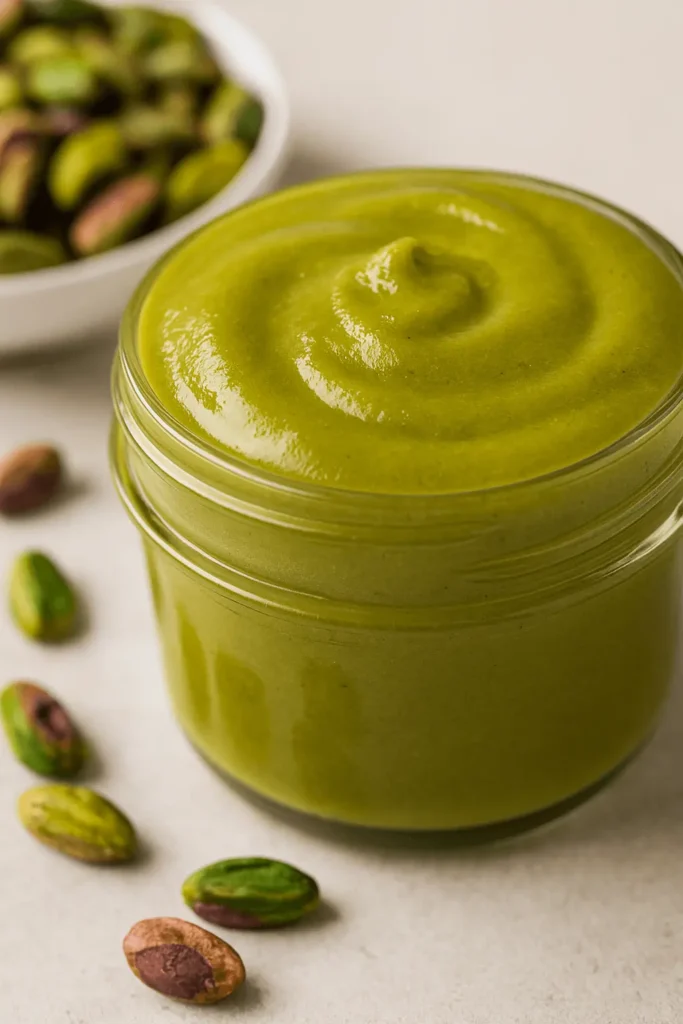 Creamy pistachio spread in a glass jar with scattered whole pistachios