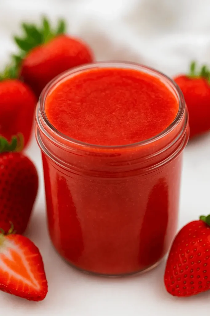Fresh strawberry puree in a glass jar surrounded by whole and halved strawberries on a white background.