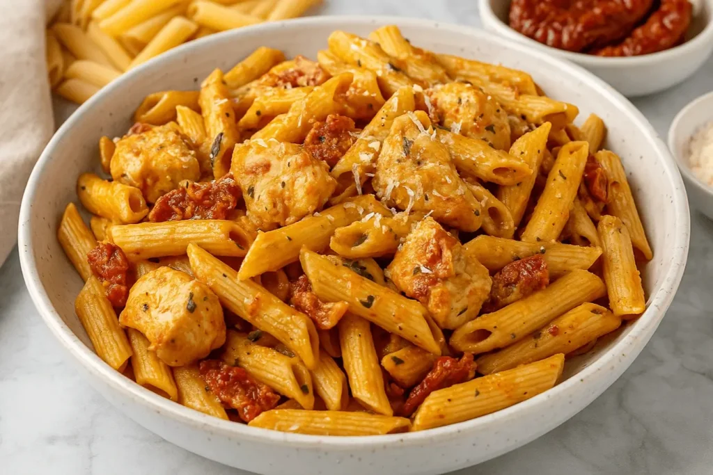 Creamy Marry Me Chicken Pasta with penne and sun-dried tomatoes served in a white bowl