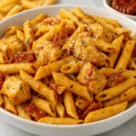 Creamy Marry Me Chicken Pasta with penne and sun-dried tomatoes served in a white bowl