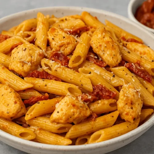 Bowl of creamy Marry Me Chicken Pasta with penne, sun-dried tomatoes, and tender chicken pieces