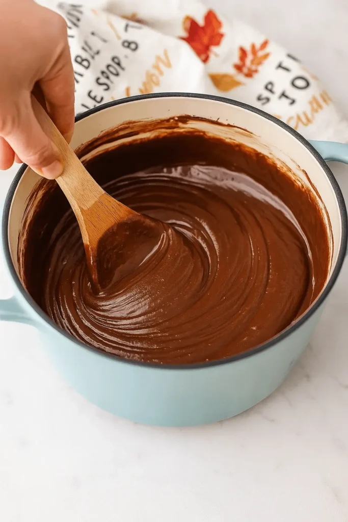 Melting and stirring chocolate fudge mixture in a light blue pot with a wooden spoon