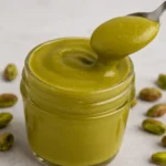 Homemade pistachio cream in a glass jar with spoonful being lifted, surrounded by shelled pistachios