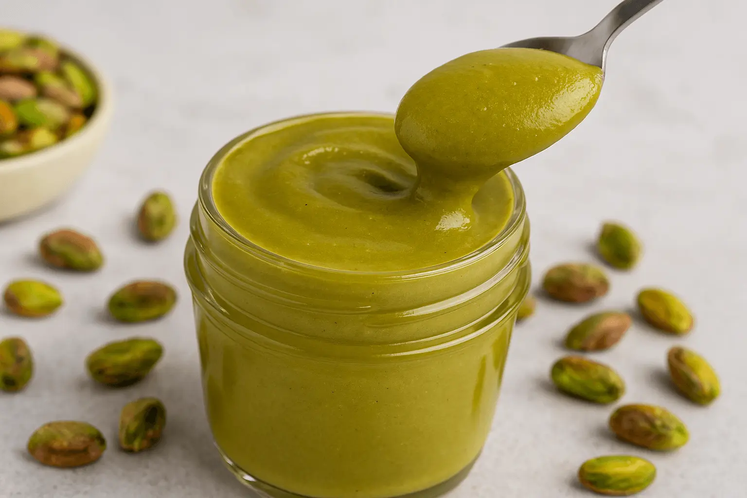 Homemade pistachio cream in a glass jar with spoonful being lifted, surrounded by shelled pistachios