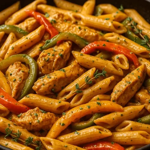 Close-up of creamy rasta pasta with chicken, red and green bell peppers, and penne pasta in a skillet