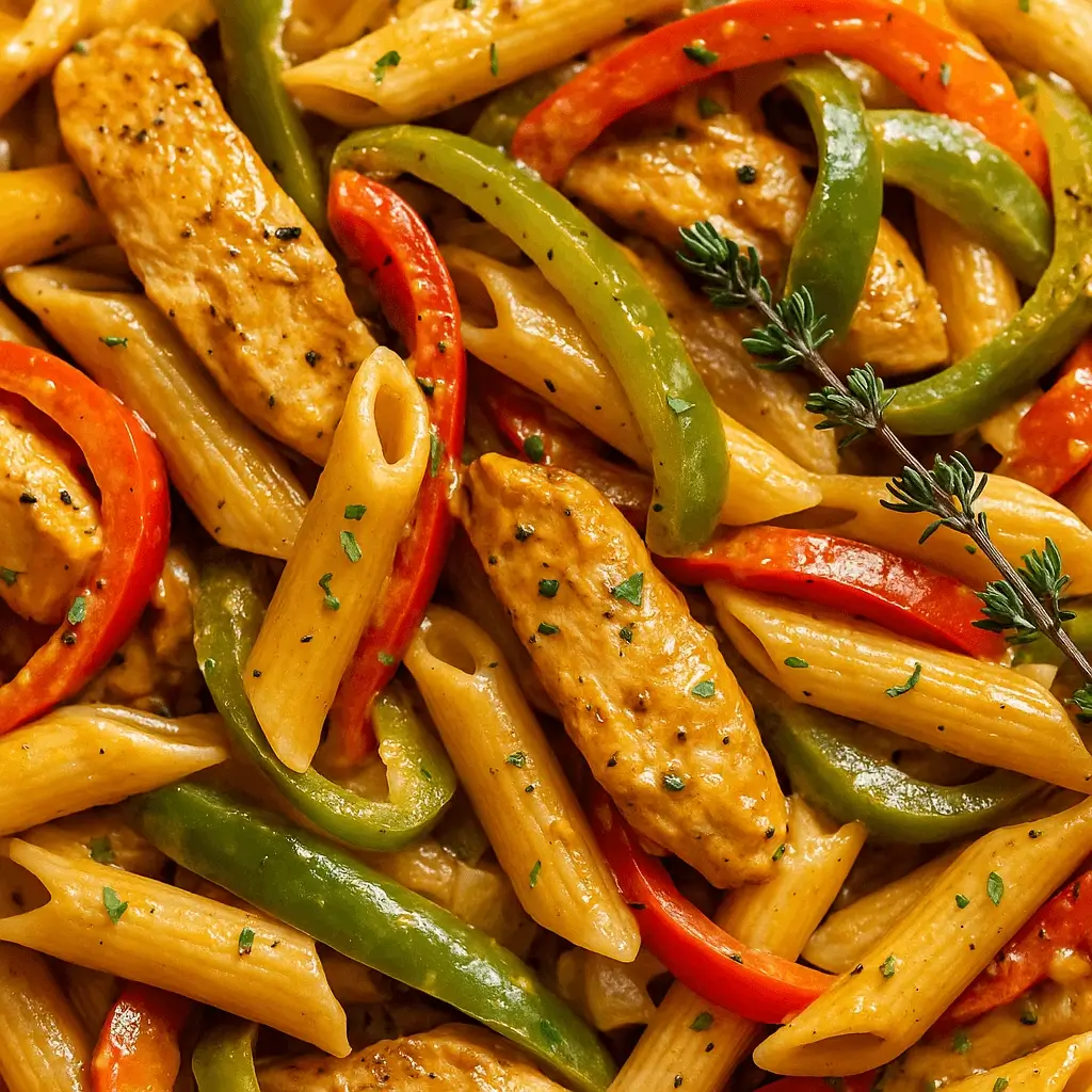 Close-up of creamy rasta pasta recipe with penne, colorful bell peppers, jerk-seasoned chicken, and fresh thyme in a rich sauce.