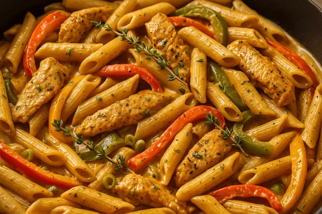 Close-up of creamy rasta pasta with penne, jerk chicken, and colorful bell peppers in a skillet